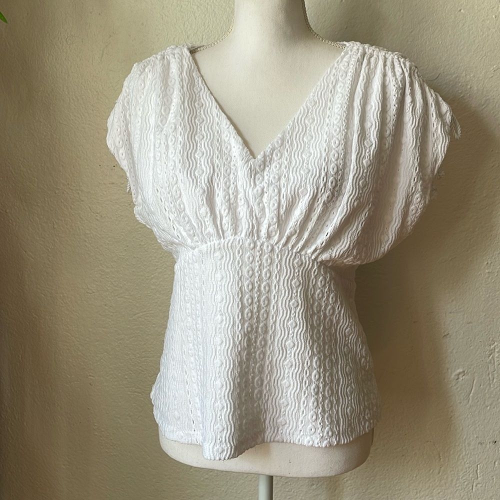 White embroidery eyelet cinch sleeve blouse LOFT